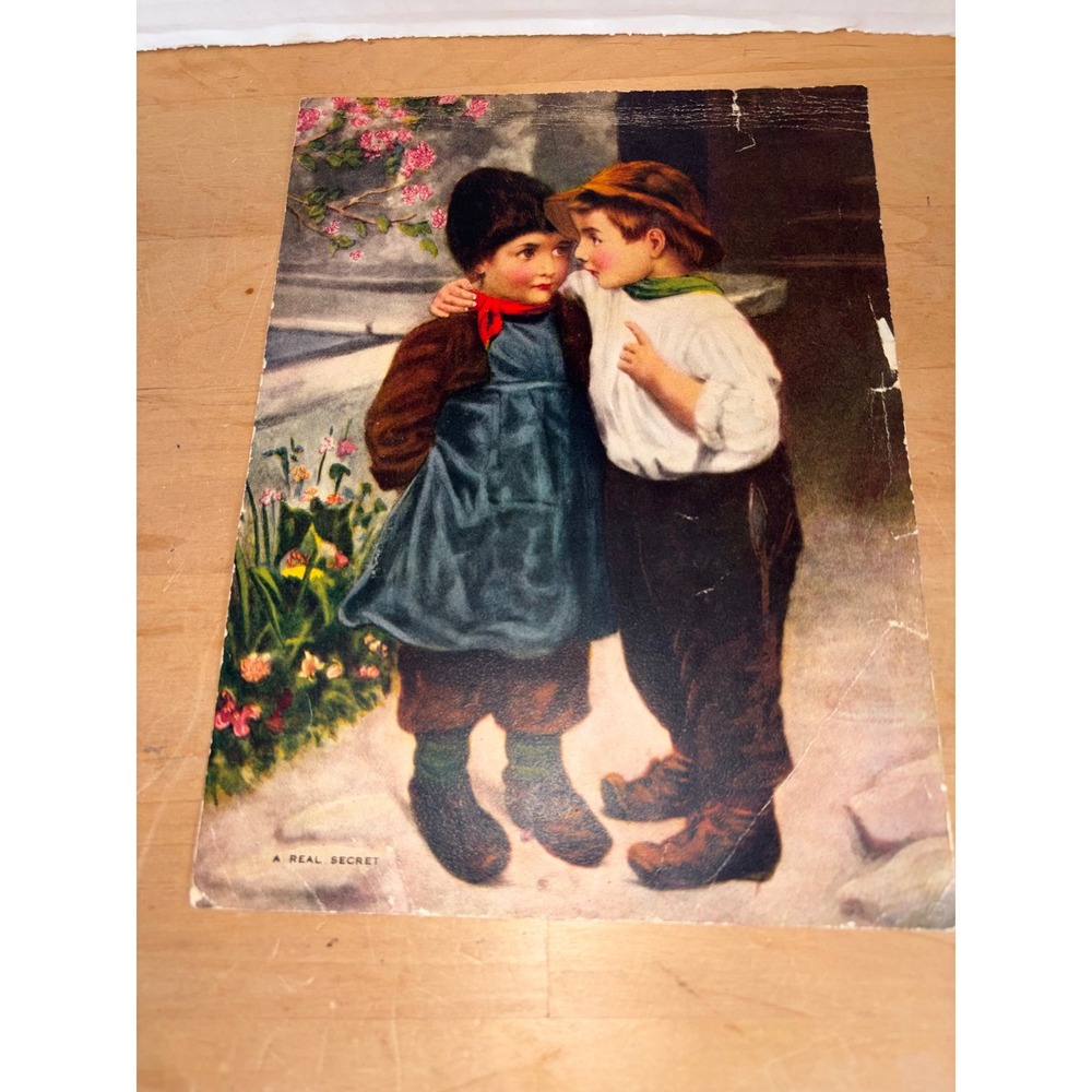Vintage Antique Lithograph Print "A Real Secret" Children Boy Girl Matted Art